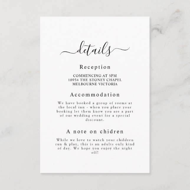Elegant Classic Wedding Detail Enclosure Card (Front)