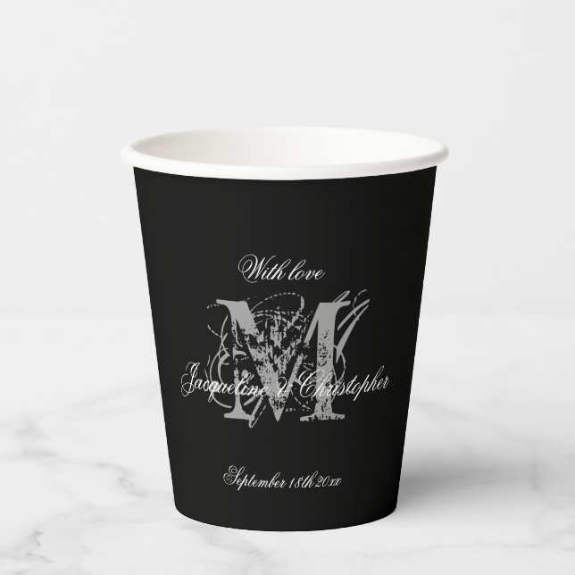 Elegant Classic Wedding Monogram Names Chic Black Paper Cups (Front)
