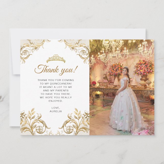 Elegant Classic White Gold Photo Quinceañera Thank You Card (Front)