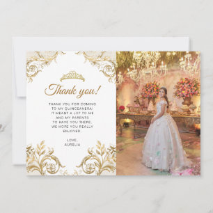 Elegant Classic White Gold Photo Quinceañera Thank You Card