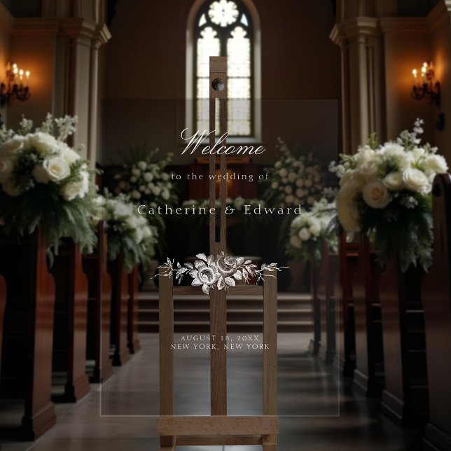 Elegant Classic White White Floral Welcome Acrylic Sign (Creator Uploaded)