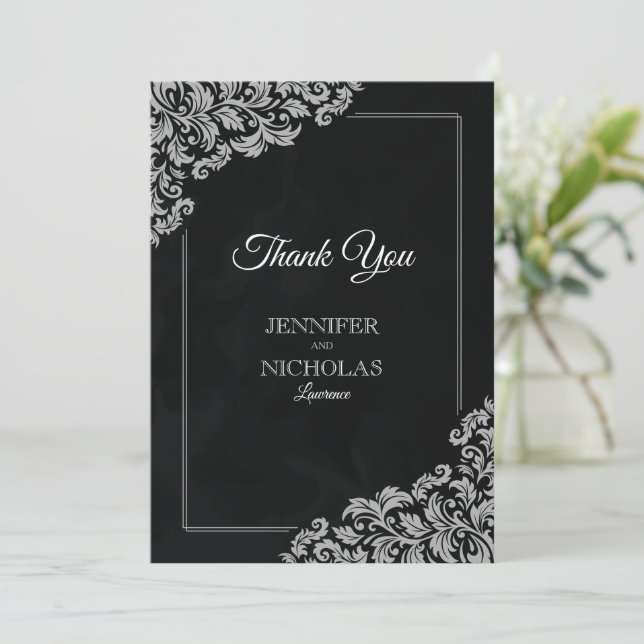 Elegant Classic With Floral Ornaments for Wedding Thank You Card (Standing Front)