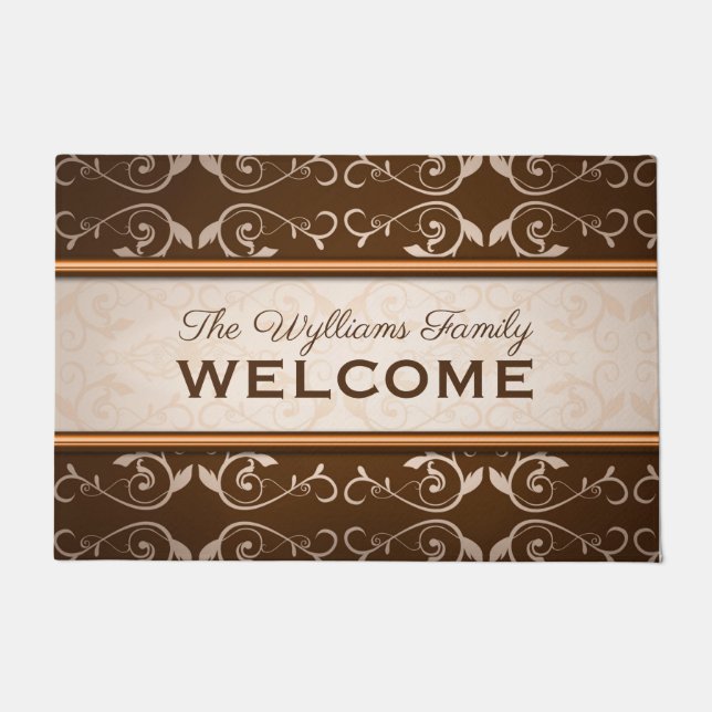 Elegant Classical Flourish Brown Beige Monogram Doormat (Front)