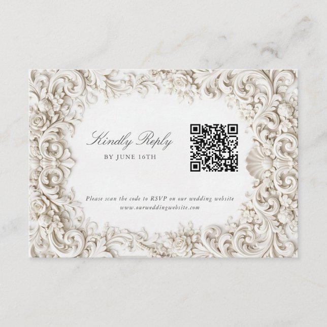 Elegant Classy Baroque Frame RSVP with QR Code Enclosure Card (Front)