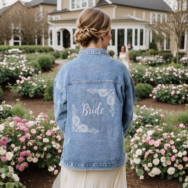 Elegant Classy Beige ornate Bride to Be Denim Jacket (Wedding Back)