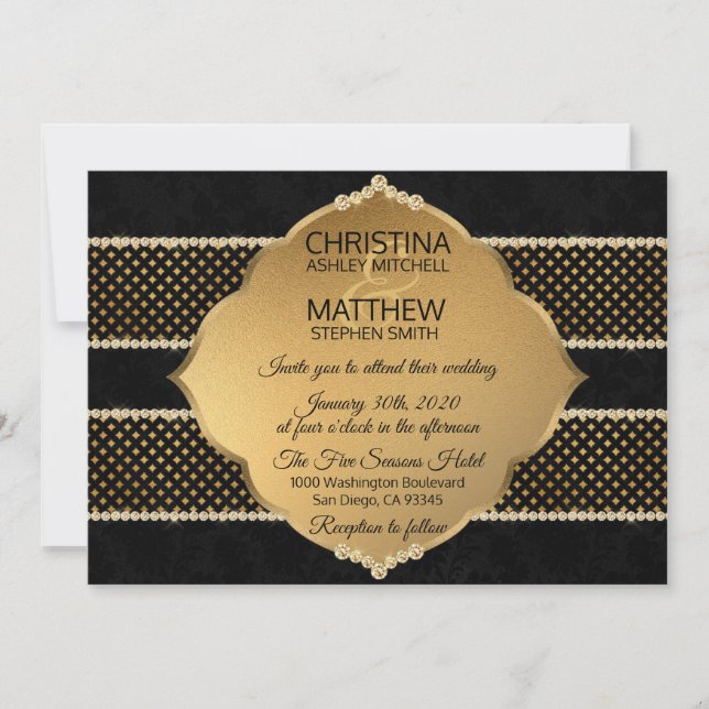 Elegant Classy Black Gold Diamond Glitter WEDDING Invitation (Front)