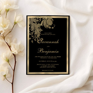 Elegant classy black gold lace floral wedding invitation