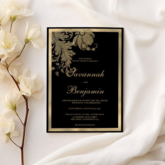 Elegant classy black gold lace floral wedding invitation (Elegant classy black gold lace floral wedding)