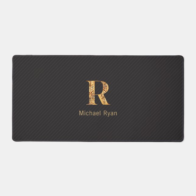  Elegant Classy Black & Gold Personalised Monogram Desk Mat (Front)