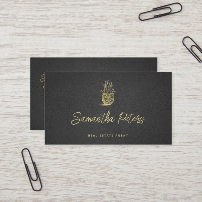 Elegant Classy Black Gold Pineapple Real Estate Business Card (Front/Back In Situ)