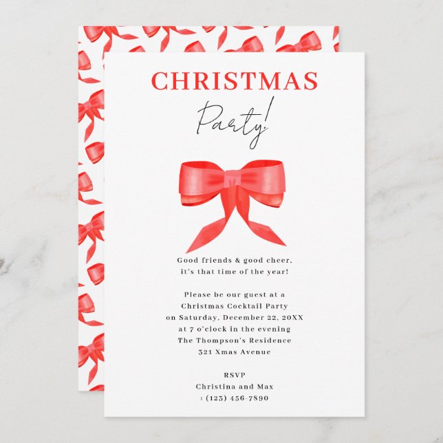 Elegant Classy Black Red Bow Christmas Party Invitation (Front/Back)