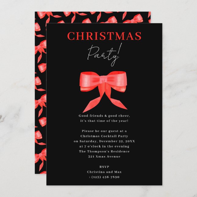 Elegant Classy Black Red Bow Christmas Party Invitation (Front/Back)
