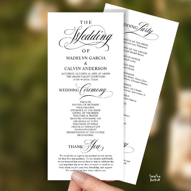 Elegant Classy Black Script Wedding Ceremony Order Program (Elegant Classy Gold Script Wedding Ceremony Order Program Card in Black and White)