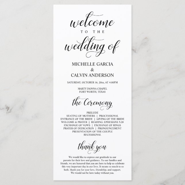 Elegant Classy, Black script, Wedding Ceremony Program (Front)