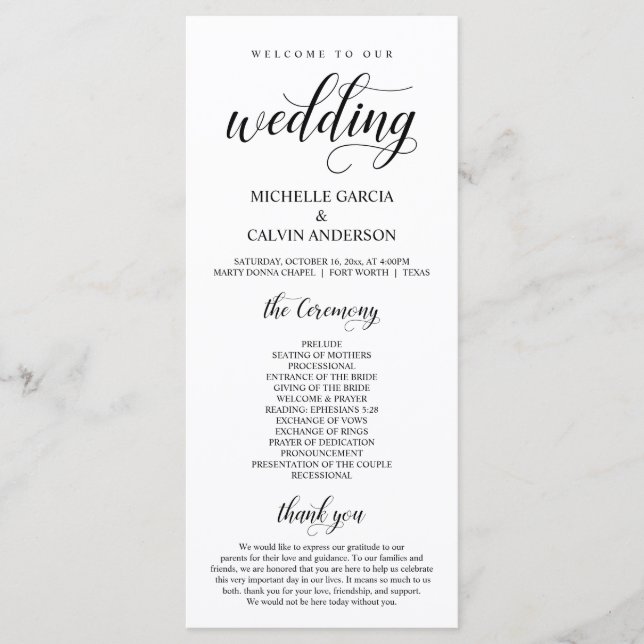 Elegant Classy, Black script, Wedding Ceremony Program (Front)