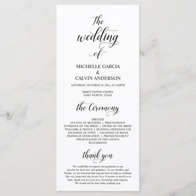 Elegant Classy, Black script, Wedding Ceremony Program (Front)