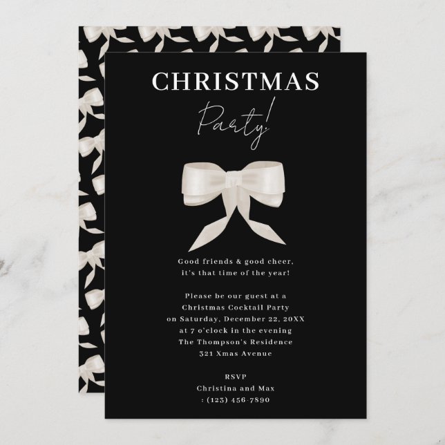 Elegant Classy Black White Bow Christmas Party Invitation (Front/Back)