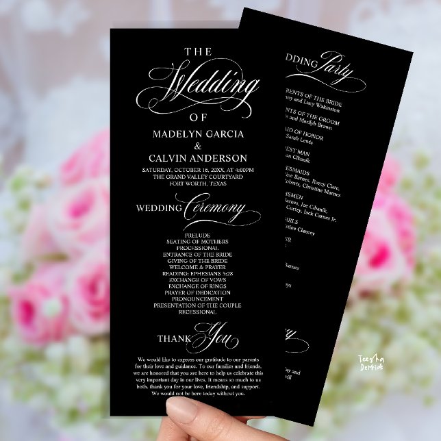 Elegant Classy Black White Wedding Ceremony Order Program (Elegant Classy Gold Script Wedding Ceremony Order Program Card in Black and White)