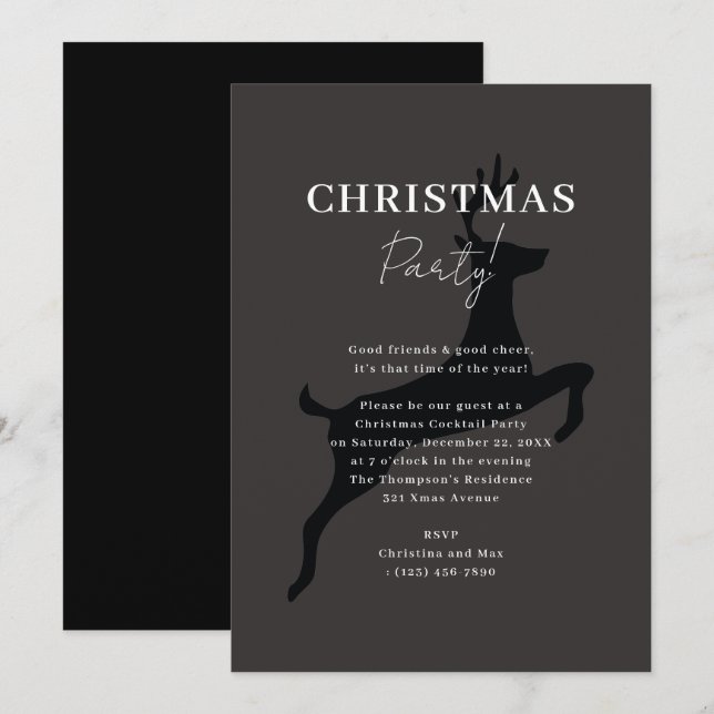 Elegant Classy Black Xmas Reindeer Christmas Party Invitation (Front/Back)