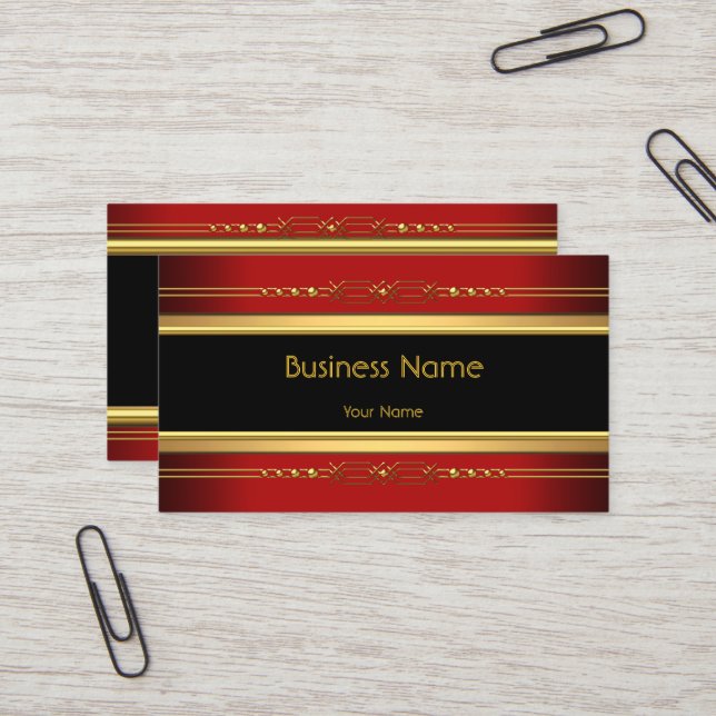 Elegant Classy Black Yellow Gold Deep Red Business Card (Front/Back In Situ)