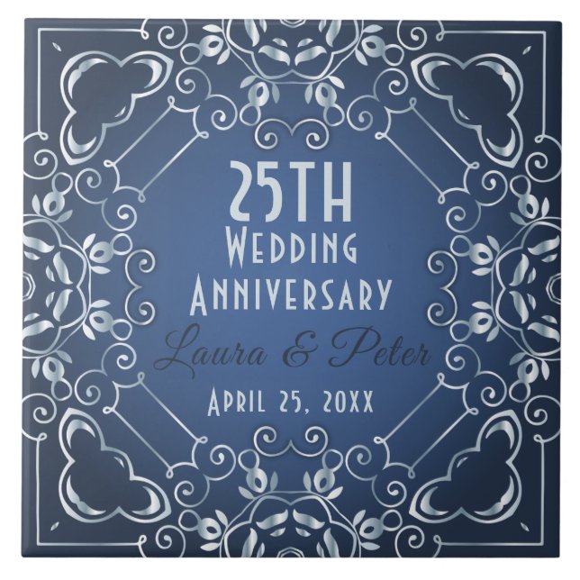 Elegant Classy Blue and Silver Wedding Anniversary Ceramic Tile (Front)