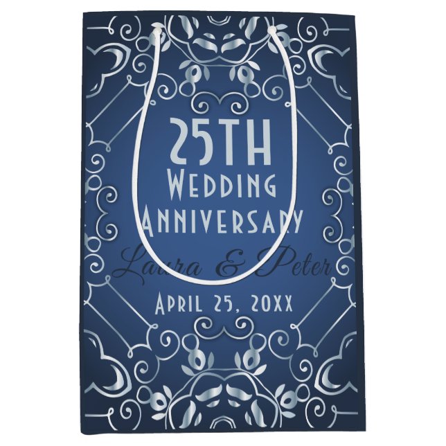 Elegant Classy Blue and Silver Wedding Anniversary Medium Gift Bag (Front)