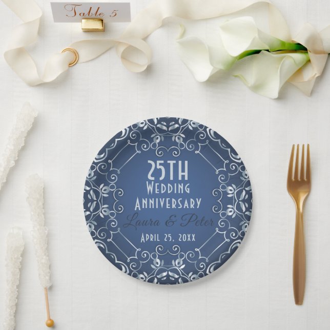 Elegant Classy Blue and Silver Wedding Anniversary Paper Plate (Wedding)