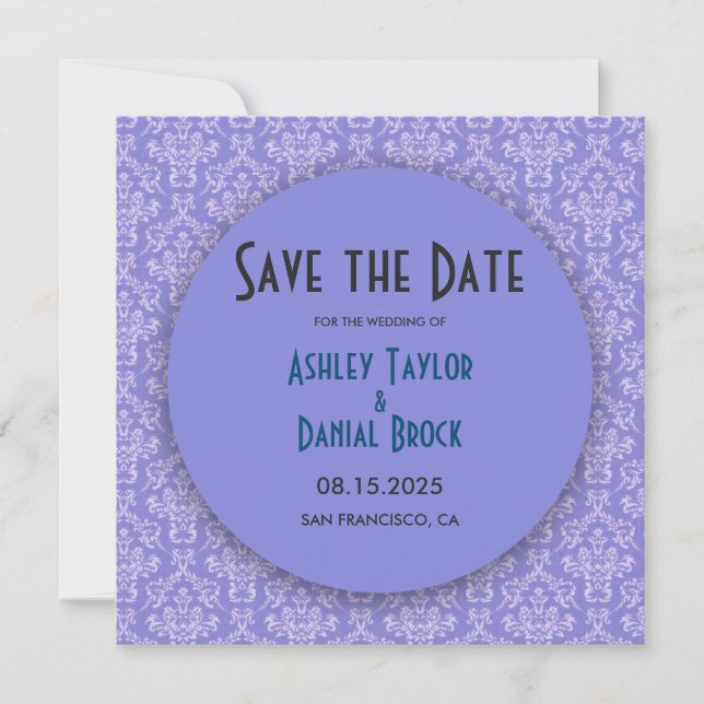 Elegant Classy Blue Damask Formal Round Wedding Save The Date (Front)