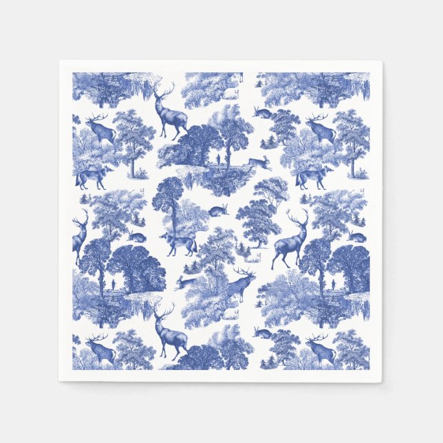 Elegant Classy Blue French Toile Deer Pattern Napkin (Front)