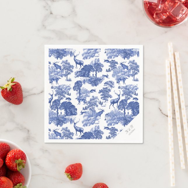 Elegant Classy Blue French Toile Deer Woodland Napkin (Insitu)