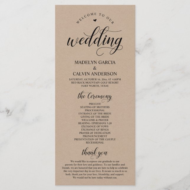 Elegant Classy Brown Rustic Kraft Wedding Ceremony Program (Front)