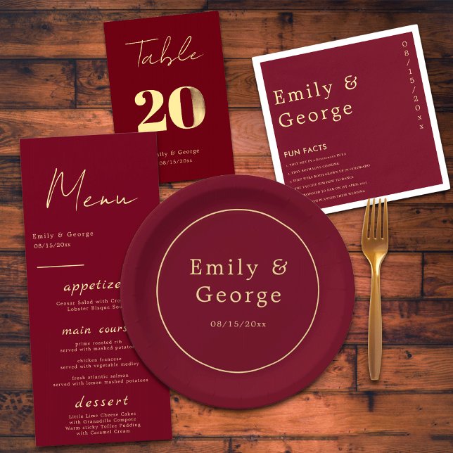 Elegant Classy Burgundy Gold Modern Chic Wedding Paper Plate (Creator Uploaded)