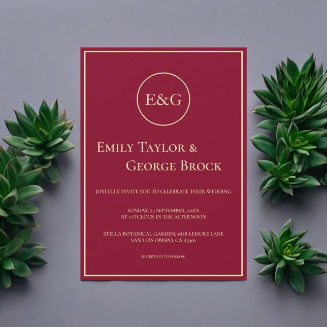 Elegant Classy Burgundy Gold Monogram Chic Wedding Invitation (Creator Uploaded)
