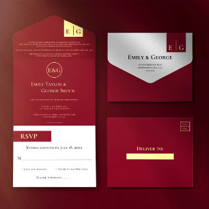Elegant Classy Burgundy Gold Monogram Wedding All In One Invitation