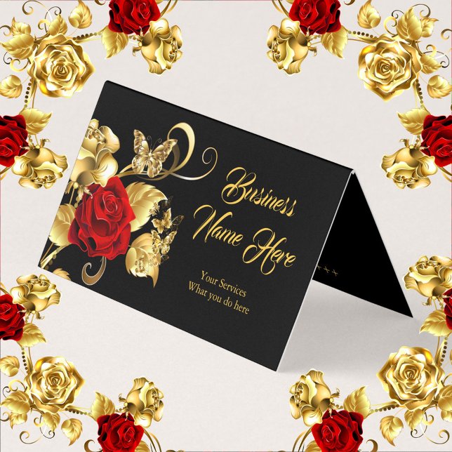 Elegant Classy Butterfly Red Rose Black Gold  Business Card (Creator Uploaded)