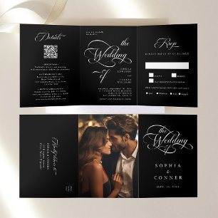 Elegant Classy Calligraphy Wedding Black Tri-Fold Invitation
