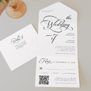 Elegant Classy Calligraphy Wedding Black & White All In One Invitation
