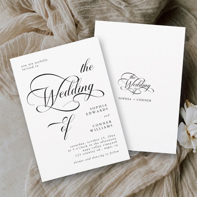Elegant Classy Calligraphy Wedding Black & White  Invitation (Front & Back)