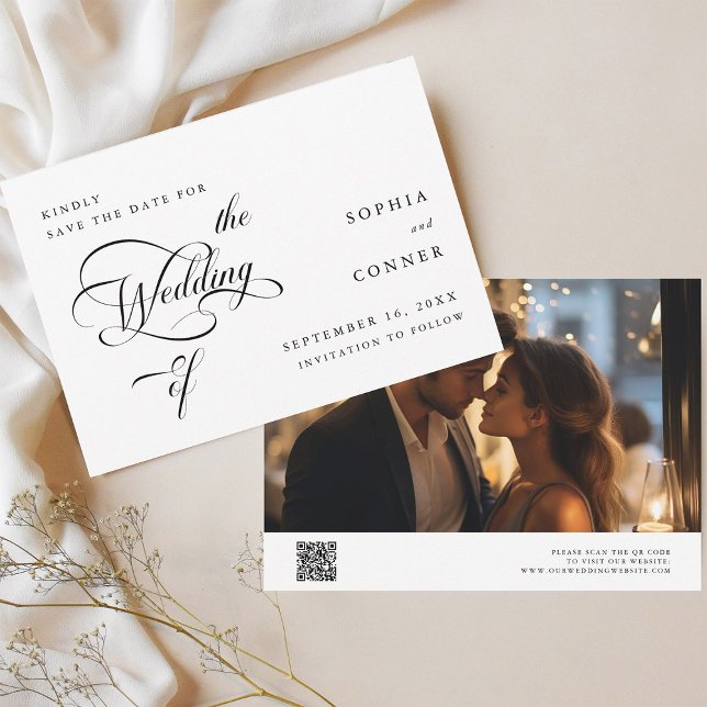 Elegant Classy Calligraphy Wedding Black & White Save The Date (Front & Back)
