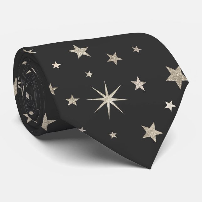 Elegant Classy Charcoal Grey Silver Stars Monogram Tie (Rolled)