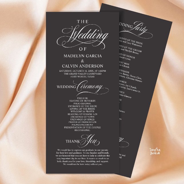 Elegant Classy Charcoal Wedding Ceremony Order Program (Elegant Classy Gold Script Wedding Ceremony Order Program Card in Charcoal Grey)