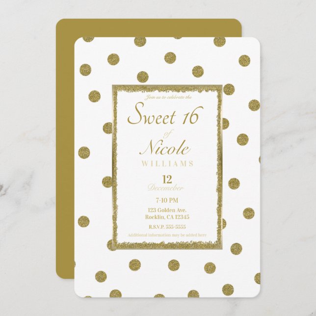 Elegant Classy & Chic White Gold Sweet 16 Party Invitation (Front/Back)