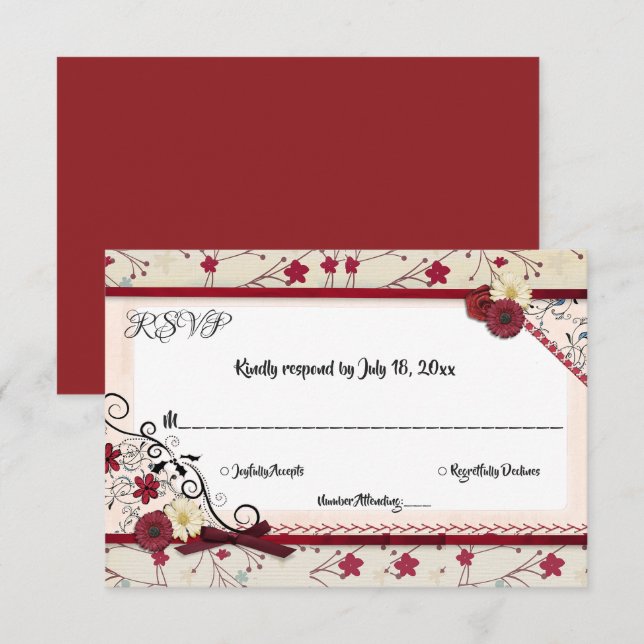 Elegant Classy Country Burgundy Floral Wedding RSVP Card (Front/Back)