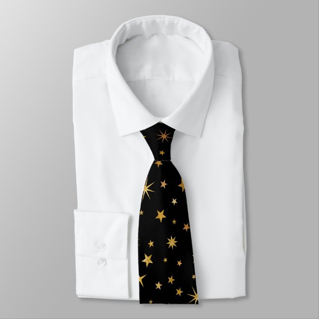 Elegant Classy Custom Monogram Black and Gold Star Tie (Tied)