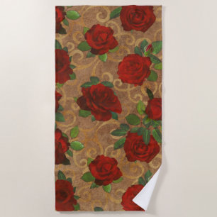 Elegant Classy Damask Vintage Chic Taupe Red Roses Beach Towel