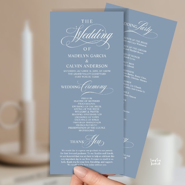 Elegant Classy Dusty Blue Wedding Ceremony Order Program (Elegant Classy Gold Script Wedding Ceremony Order Program Card in Dusty Blue)