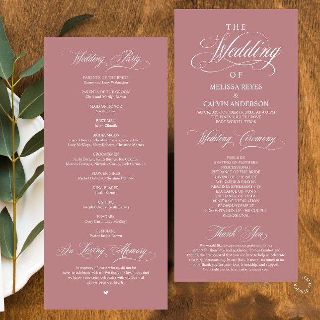 Elegant Classy Dusty Rose Pink Script Wedding Program (Elegant Classy Dusty Rose Pink Script Wedding Program Card)