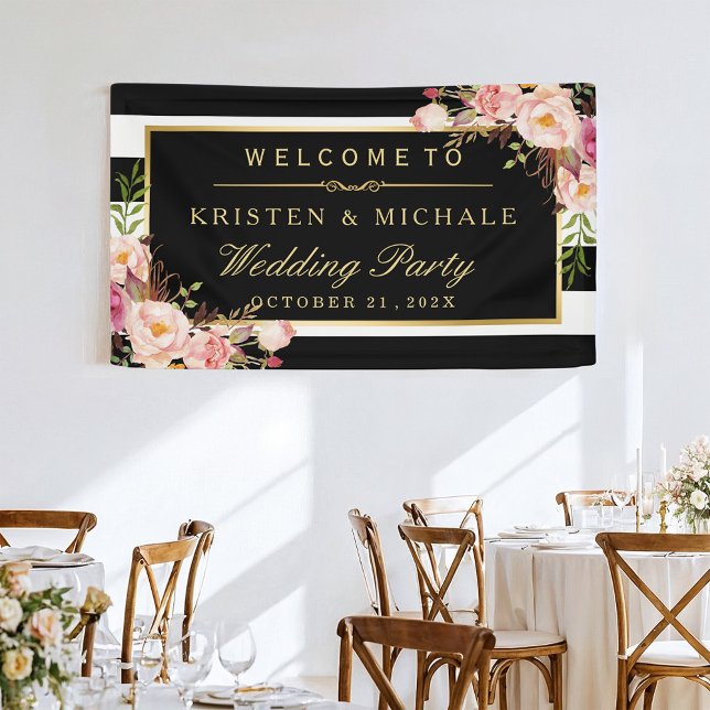 Elegant Classy Floral Black Stripes Wedding Party Banner (Creator Uploaded)