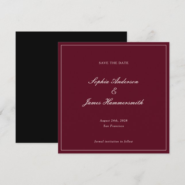 Elegant Classy Formal Burgundy Red Script Wedding  Save The Date (Front/Back)