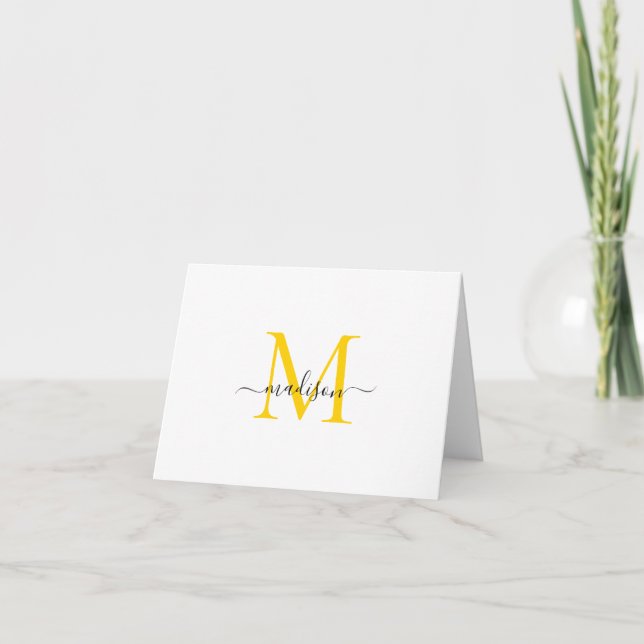 Elegant Classy Girly Script Monogram Black Yellow Note Card (Front)